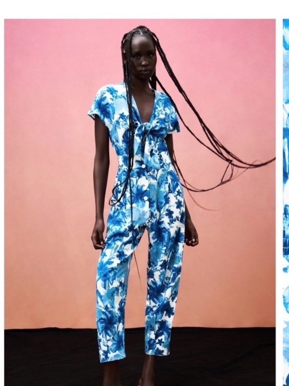 Zara Blue & White Floral Tie-Front Jumpsuit